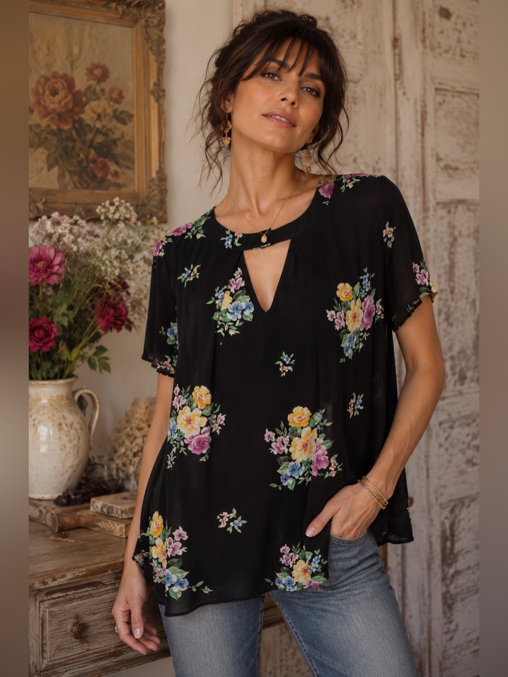 Finn & Grace Black Floral Short Sleeve Blouse Size Small